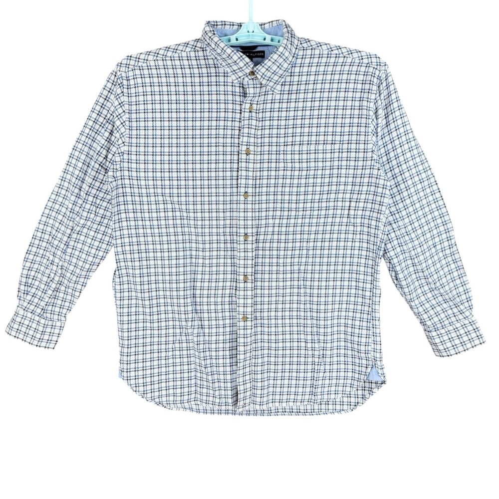 Tommy Hilfiger Men's Long Sleeve Buttons Plaid Blue Shirt Size XXL 80's Two Ply